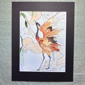 Elegant Hand-Painted Crane Watercolor Bird Art with Black Matting